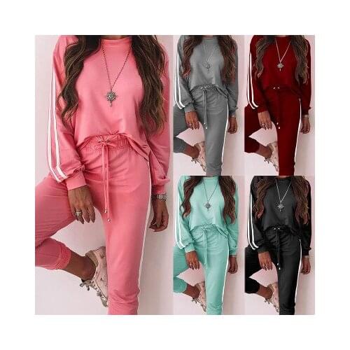 Fashion 2Pcs Women Autumn Suit Solid-Color Stand-Collar Long-Sleeves Top + Drawstring Tie-Waist Casual Pants for Sports Sets