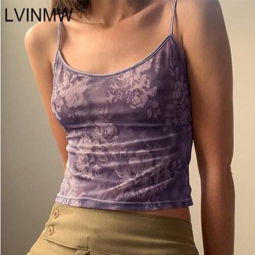 LVINMW Spaghetti Straps Sleeveless Flower Print Slim Casual Camis Backless Patchwork Daily Sexy Fashion Tops Women Streetwear