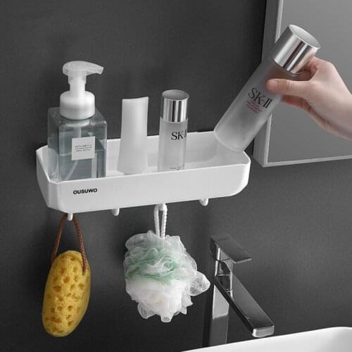 Bathroom Wall-Mounted Storage Rack Hole-Free Cosmetic Shower Shelf Toilet Shampoo Holder with Hooks Suction Towel Organiser