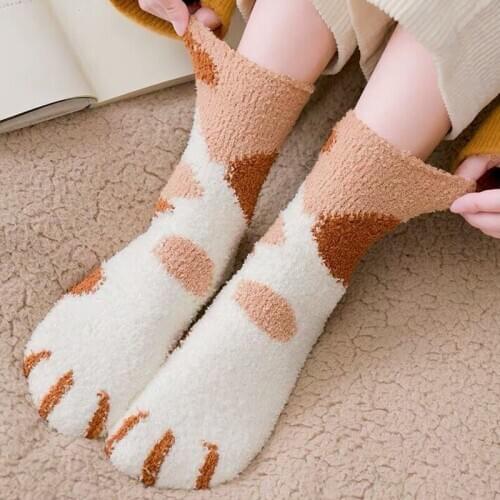 Coral Fleece Socks Women Hot Sale Autumn And Winter Cartoon Cat Claw Thickening Warmth Sleeping Floor Pile Pile Socks Indoor
