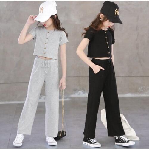 New Summer 2021 Cotton Girls Two-Piece Set Teen Girls T-shirt and Wide Leg Pants Set Kids Girls Leisure Clothes Set, #8769