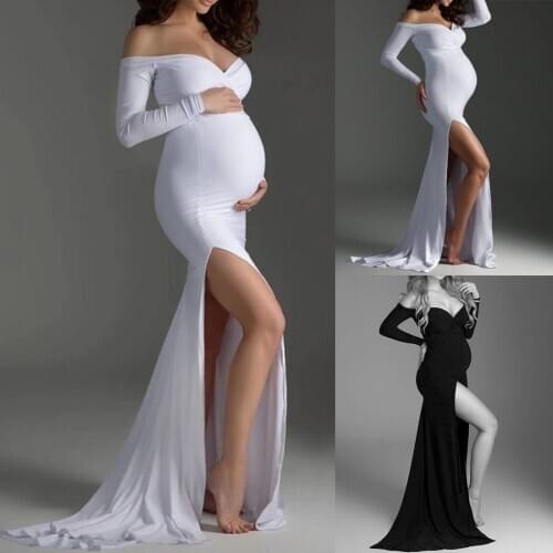High Split Maxi Gown Pregnancy Dress Photography Props Pregnant Women Long Sleeve Off Shoulder Maternity Dresses for Photo Shoot