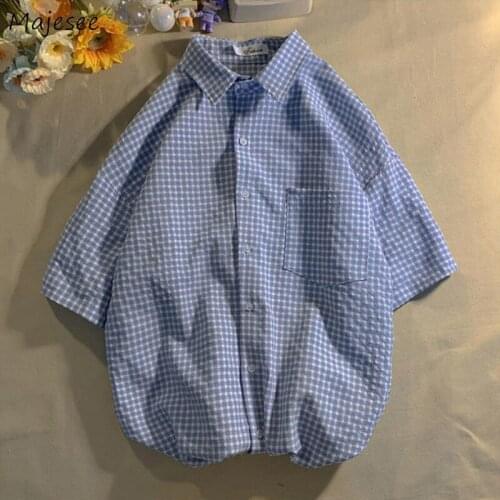 Shirts Women Plaid All-match Summer Vintage Japanese Style Fashion Students Streetwear Turn-down Collar Pockets Female Tops Fit
