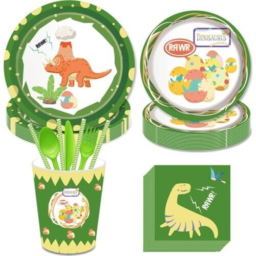 Dinosaur Boy Party Holiday Disposable Tableware Green Cartoon Dinosaur Egg Volcano Triceratops Party Family Dinner Plates sm13