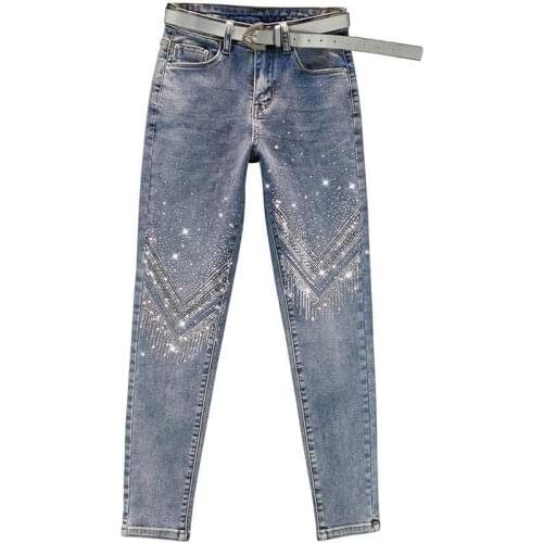 Ladies Stretch Denim Trousers High Waist Diamond-studded Skinny Jeans Women Slim Pencil PantsCasual Female Ankle Length Pants