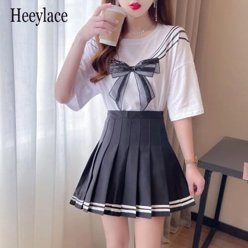Women 2 Piece Sets Summer 2021 New Short Sleeve Round Collar Solid Shirt + Pleated Skirt Suits Fashion Elegant Female Set