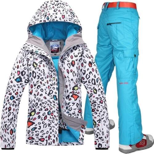 Womens Rainproof Ski Suit Ladies Breathable Fabrics Skiwear Female Leopard Jacket And Blue Pants Waterproof 10K Free Shipping