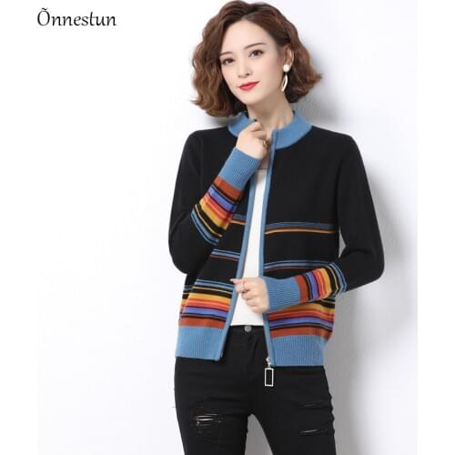 Sweater Jacket Women New Autumn Winter Zipper Cardigan Coat knitwear Crop Top Jumper Women Clothes Stripe Sweaters For Women