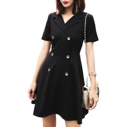 New Short Sleeve V-neck Mini A-line Simple British Style Double-breasted Black Cocktail Dresses Coctail Coktail Cocktail Dress