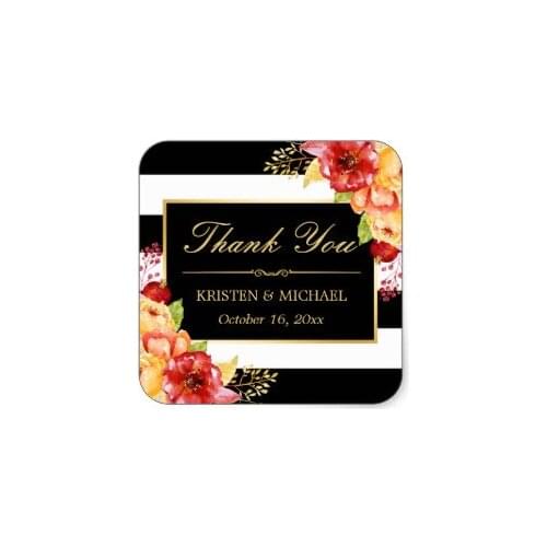 3.8cm Elegant Gold Red Yellow Floral Autumn Thank You Square Sticker