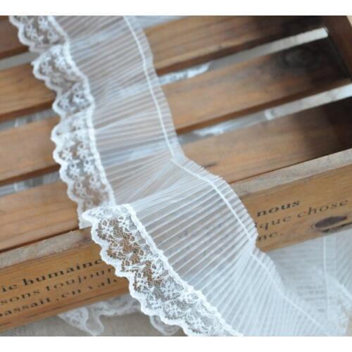 7cm Wide 4 Yards Lovely White Organza Pleated Lace Trim Floral Ruffled Lace Material Embroidery Sewing Patchwork