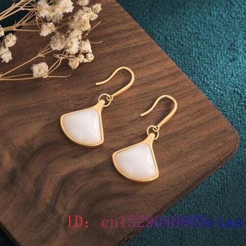 White Jade Sector Earrings Zircon Chalcedony Amulet Natural Gemstone Fashion Women Gifts Charm Jewelry 925 Silver Crystal