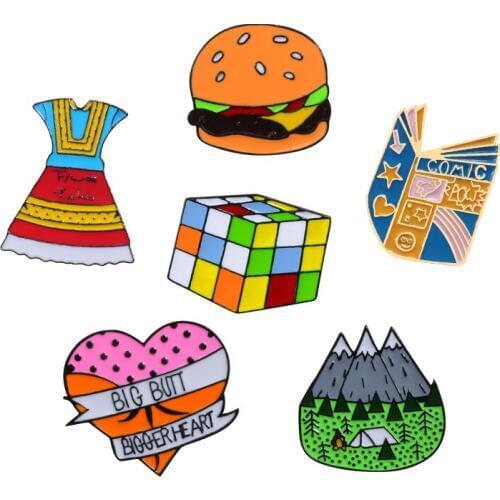 Comic Book Big Butt Heart Dress Cube Mountains Hamburg Enamel Pin Cartoon Brooches for women men Lapel Pin Bags Badge Collection