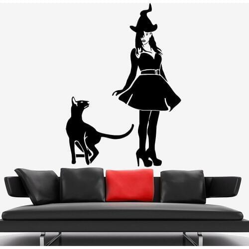 Halloween Wall Decal Witch Cat Pet Animal Halloween Witchcraft Vinyl Wall Sticker Living Room Home Deocration Wallpaper Z447