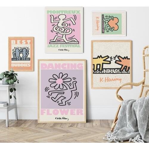 Keith Prints Danish Pastel Pop Art Print Poster Haring Dancing Flowers Canvas Painting Abstract Wall Picture For Bed Room Decor