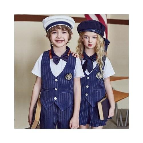 Kindergarten Uniforms Set Primary School Uniforms Baby Boys Girls Class Uniforms Summer British Style 3pcs Graduation Uniforms