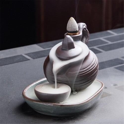 1 Pcs Handmade Pottery Backflow Incense Burner Teapot/Cow/Moon Backflow Aroma Smoke Censer Holder Office Home Decoration Crafts