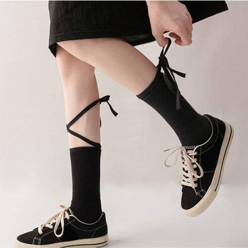 Cute Lolita Socks Women Black Bandage Goth Japanese Fashion Kawaii Socks White Cotton Socks Set Bowknot