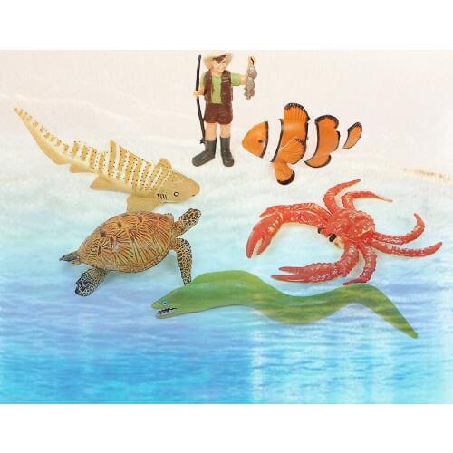 Ocean Animals Fisherman with Zebra shark Crab Turtle Model Sea Life Figure Figurines Ocean Marine Miniature Education Toys
