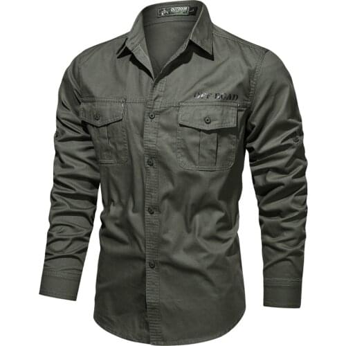 Mens New 100% Cotton Long Sleeve Shirt Lapel Single Breasted Military Green Slim Fashion Spring Casual 4XL Solid Color Shirt