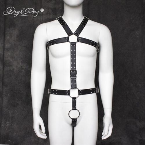 AVYDAISY Men Sexy Adjustable Bodysuits Sexy Metal Cock Ring PU Leather Bandage Lingerie Teddies Underwear Male Costumes TE533
