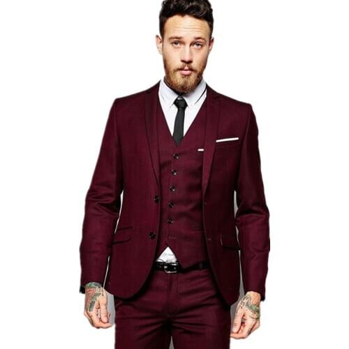 Mens suit Men Wedding Suits Groom Formal Dress Tow Buttons Burgundy Tuxedo Jacket Men Suit 3 Pieces Costume Homme