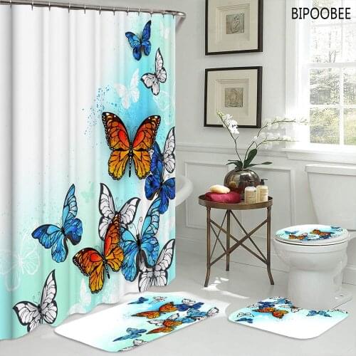 3D Butterfly Print Shower Curtain Set Bath Mats Rugs White Non-slip Carpet Waterproof Fabric Bathroom Curtains Home Decoration