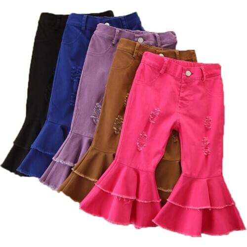 7 Solid-Colors Ripped Double-Layer Demin Bell-Bottomed Pants with Pockets for Little Girls 1-6 Years Children Autumn Outfits