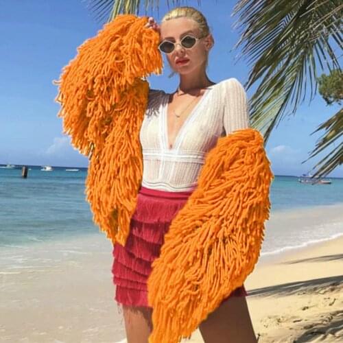 Harajuku Autumn Winter OL Knitted Wool Hollow Tassels Crocheted Sweater Coat Fringed Hook Cardigan Knit Jacket Pullover Tops