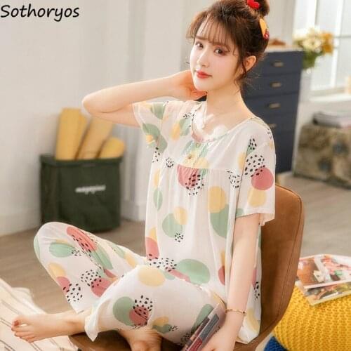 Pajamas Sets Women Short Sleeve Full Length Loose Printed Sweet Causal Home Wear Female Breathable Soft Thin Chic Korean Style