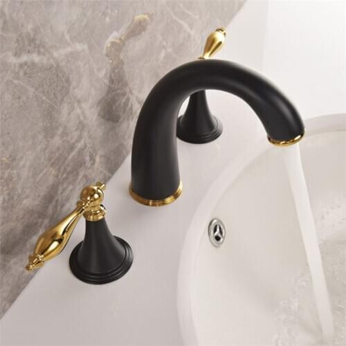 Antique Basin Faucet Bathroom Sink Tap Black Brass Bathtub Mixer Three-piece Split Three-hole Water Tap Hot and Cold Faucet