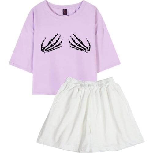 Skeleton Hands Shirt Crop Tops Cotton Yellow TShirt Harajuku Shorts Sets Girls Casual Two Piece Sleepwear Soft Purple Clothes
