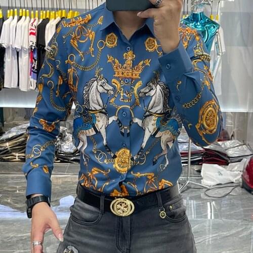 European Style Social Party Tuxedo Business Formal Dress Shirt Luxury Crown Rhinestones Men Shirt Long Mouw Slender Casual Shirt