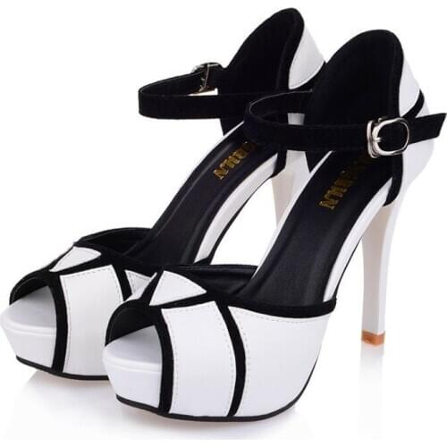 Shoes High Heels Womens Platform Heel Sandals Ankle Strap Sexy Thin High Heel Fish Mouth Black and White Fashion Single Shoes