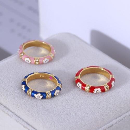 Women cloisonne glaze floral rings real gold plated entry lux jewelry