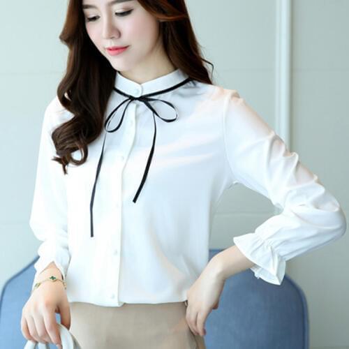 Womens White Chiffon Blouse Women Shirt Stand Bow Puff Sleeve womens slim elegant casual tops femme Work Shirts Blusas Feminina