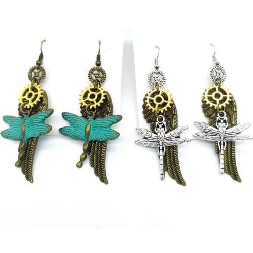 Retro Antique Color Dragonfly Wing and Gears Steampunk Women`s Earrings