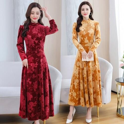 Autumn Winter women velvet dress vintage long sleeve stand collar flower print long party dress Ladies elegant maxi dress robe