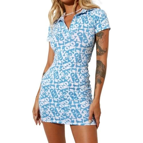 Fashion Womens Sexy Bodycon Mini Dress Short Sleeve Love Letter Print Lapel V Neck Dress Summer 90S Sundress Streetwear
