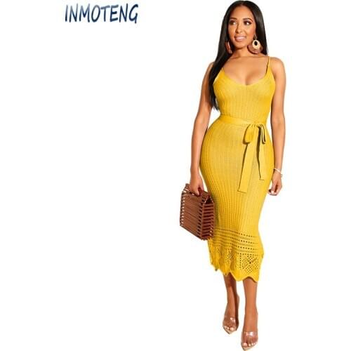 INMOTENG Women Summer Spaghetti Strap V-Neck High Waist Sashes Knitted Midi Bodycon Dress Plus Size XL 9 color Vestidos