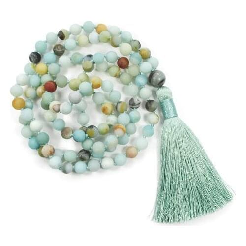 108 Mala Bead Necklace Nature Amazonite Hand Knotted Necklace Tassel Necklaces Yoga Prayer Necklaces Chakra Balancing Jewelry