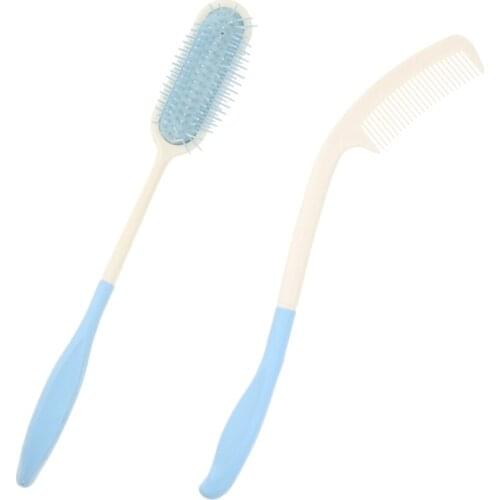 2x Daily Use Long Reach Handheld Hair Comb Brush Kit for Elderly Patients Hhemiptegic Home Hospital Use - White Blue