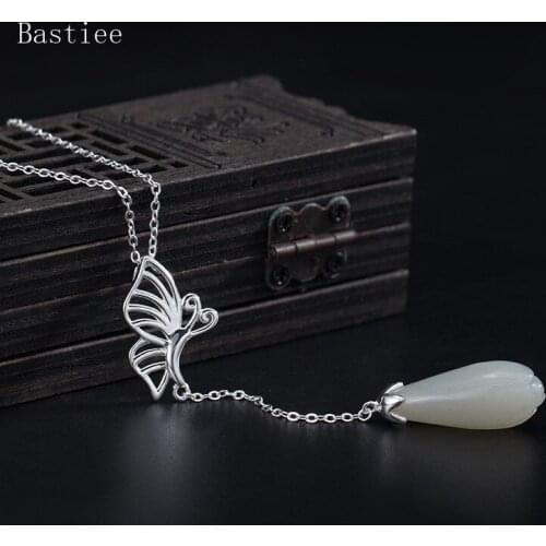 Bastiee 925 Sterling Silver Butterfly Necklace Pendant Jade Jewelry For Women Vintage O Chain