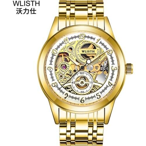 Hot Mens Watches Automatic Mechanical Gold Male Clock Skeleton Dial Waterproof Stainless Steel Hollow Sports Watch Reloj Hombre