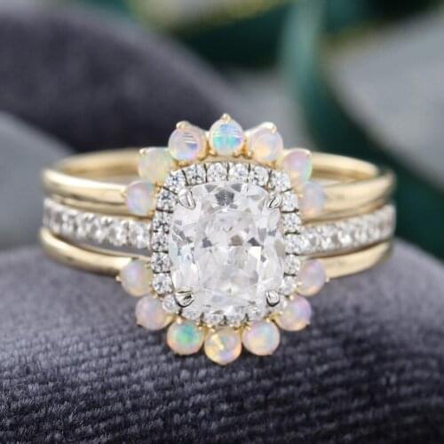 EDI Art Deco Cushion Cut Moissanites Halo Engagement Ring Natural Opal 14k White Gold Yellow Gold Bridal Wedding Set