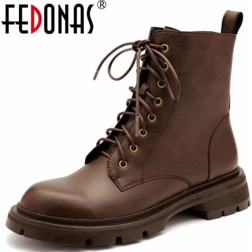 FEDONAS Motorcycle Boots Autumn Winter Women Ankle Boots 2021 Fashion Leisure Genuine Leather Thick Heels Round Toe Shoes Woman