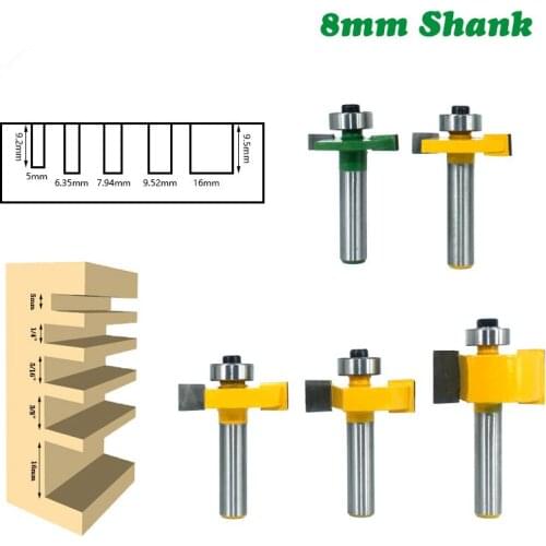 5pcs 8mm Shank Slotting Milling Cutter T Type Rabbeting Woodwork Tools T Slot Router Bit Bit with Bearing Wood for Wood