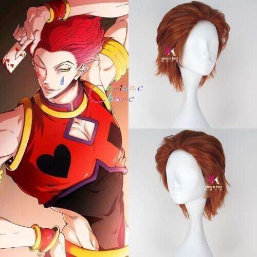 Hisoka Hunter X Hunter Red Brown Short 33cm Slick-back Cosplay Headwear Synthetic Hair Heat Resistant Halloween + Free Wig Cap
