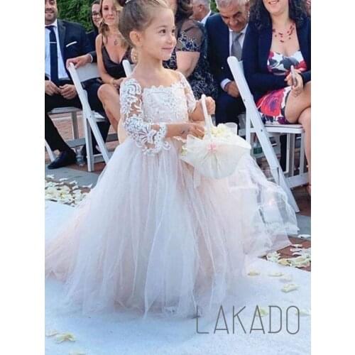 Classic Tulle Flower Girls Dresses With Bow Lace Long Sleeve For Wedding Birthday Party Toddler Kids First Holy Communion