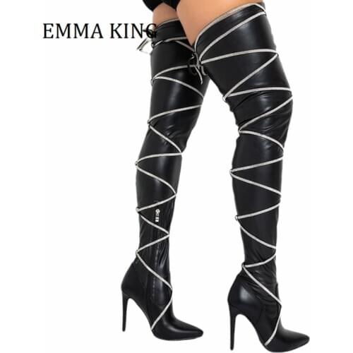 Fall Winter Women Rhinestone Straps Boots Soft Black PU Leather Thigh High Boots Pointed Toe Bling Club Women Botas De Mujer